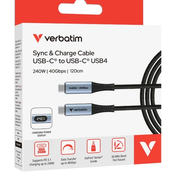 Verbatim Sync & Charge USB-C to USB-C USB4 Cable, 240W PD 3.1, 40Gbps data, LED power display Verbatim Sync & Charge USB-C to USB-C USB4 Cable, 240W PD 3.1, 40Gbps data, LED power display