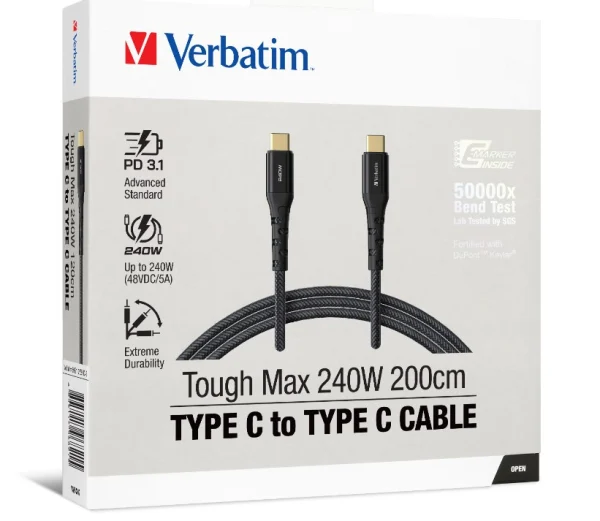 Verbatim Tough Max 200cm USB-C to USB-C cable for 240W PD 3.1 charging. Kevlar reinforced