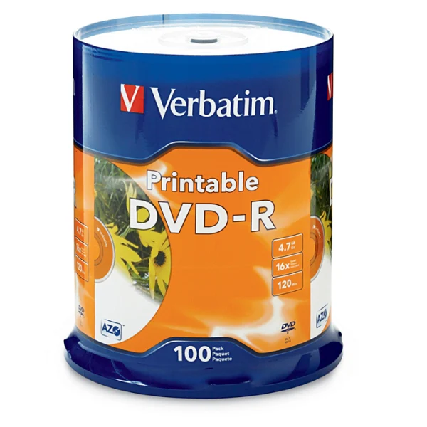 Verbatim DVD-R 4.7GB 100Pk White InkJet 16x, Compatible for Full-Surface