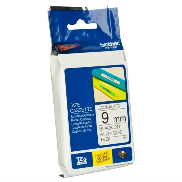 Brother TZE-2219mm Black on White TZE Tape Brother TZE-221 9mm Black on White TZE Tape