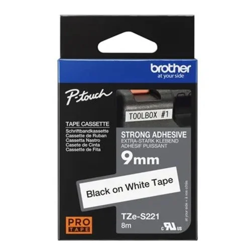 Brother TZE-S2219mm Black on White Adhesive TZE Tape Brother TZE-S221 9mm Black on White Adhesive TZE Tape