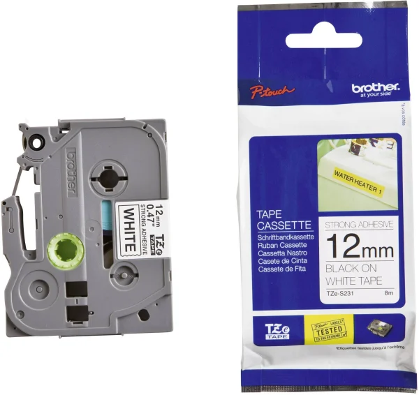 Brother TZE-S23112mm Black on White Strong Adhesive TZE Tape Brother TZE-S231 12mm Black on White Strong Adhesive TZE Tape
