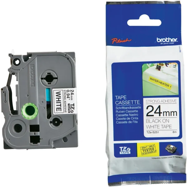 Brother TZE-S25124MM Black White Tape Strong Adhesive TZE Tape Brother TZE-S251 24MM Black White Tape Strong Adhesive TZE Tape
