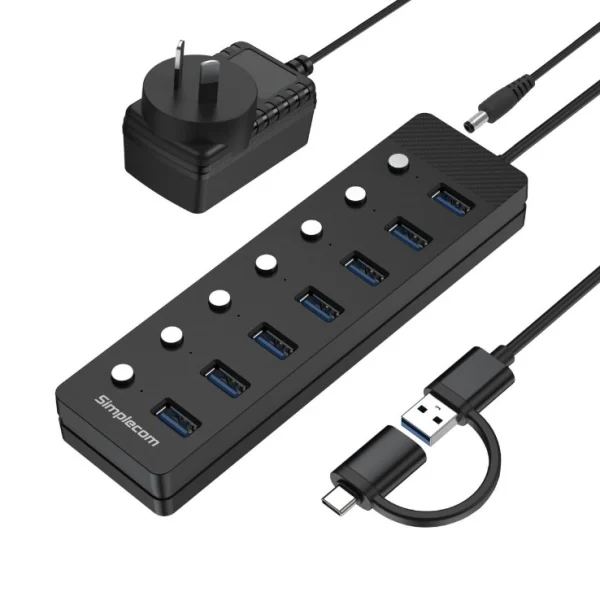 Simplecom CH375C USB-A and USB-C to 7-Port USB 3.0 Hub 5Gbps Individual Switches and Power Simplecom CH375C USB-A and USB-C to 7-Port USB 3.0 Hub 5Gbps Individual Switches and Power