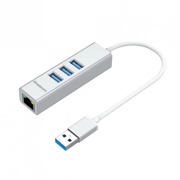 Simplecom CHN420 Silver Aluminium 3 Port SuperSpeed USB HUB with Gigabit Ethernet Adapter Simplecom CHN420 Silver Aluminium 3 Port SuperSpeed USB HUB with Gigabit Ethernet Adapter