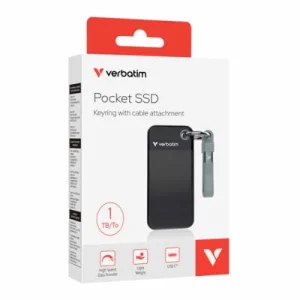 Verbatim 1TB Pocket SSD USB 3.2 Gen 2 1TB Black Grey. Convenient Keyring cable holder.
