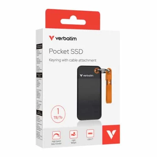 Verbatim 1TB Pocket SSD USB 3.2 Gen 2 1TB Black Orange Convenient Keyring cable holder.