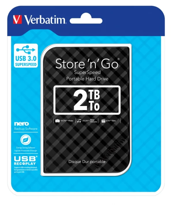 Verbatim 2TB 2.5′ USB 3.0 Black Store’n’Go HDD Grid Design, Ultra Portable Verbatim 2TB 2.5' USB 3.0 Black Store'n'Go HDD Grid Design, Ultra Portable