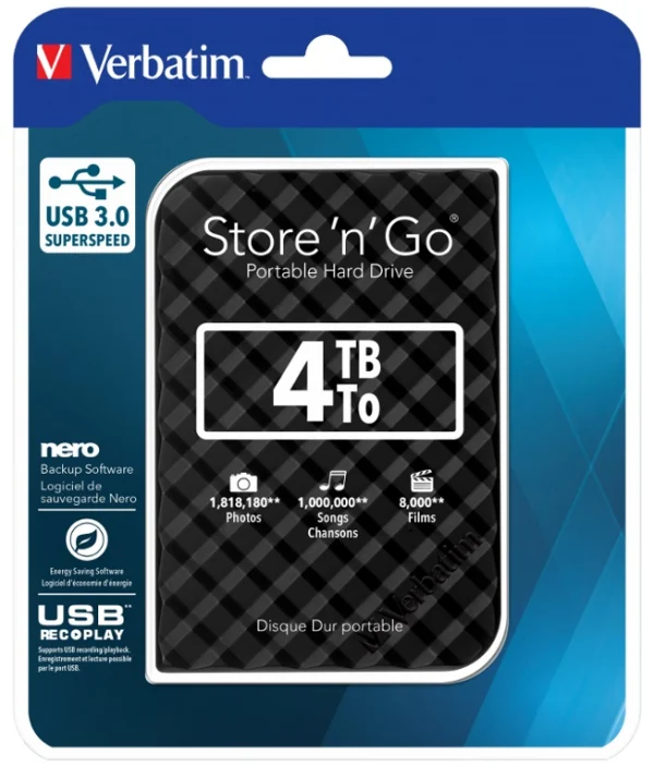 Verbatim 4TB 2.5′ USB 3.0 Black Store’n’Go HDD Grid Design Verbatim 4TB 2.5' USB 3.0 Black Store'n'Go HDD Grid Design