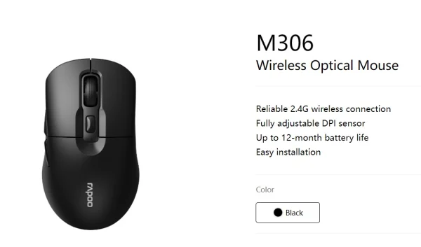 RAPOO M306 2.4 Wireless Optical Mice with Side FWD and Back Buttons. 12 Months Long Battery
