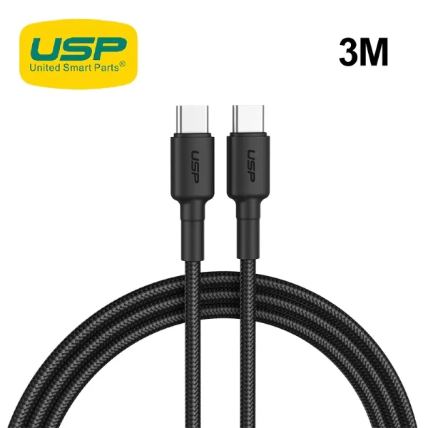 USP BoostUp Cafule Braided USB-C to USB-C Cable (3M) Black - 3A, Strong & Durable