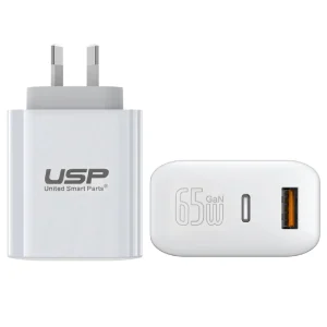 USP 65W Dual Port GaN Fast Wall Charger - White, 1xUSB-C(65W PD), 1xUSB-A(18W QC 3.0)