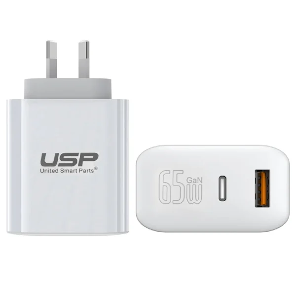 USP 65W Dual Port GaN Fast Wall Charger – White, 1xUSB-C(65W PD), 1xUSB-A(18W QC 3.0) USP 65W Dual Port GaN Fast Wall Charger - White, 1xUSB-C(65W PD), 1xUSB-A(18W QC 3.0)