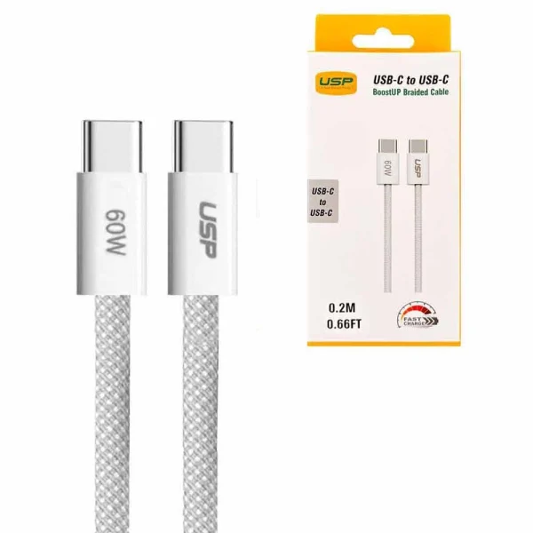 USP BoostUp Braided USB-C to USB-C Cable (0.2M) – White, 3A/60W, 480Mbps, 40K+ Bends USP BoostUp Braided USB-C to USB-C Cable (0.2M) - White, 3A/60W, 480Mbps, 40K+ Bends