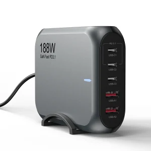 USP 188W Five Ports USB-C PD GaN Wall Charger Black - 3x USB-C, 2x USB-A, Efficiently