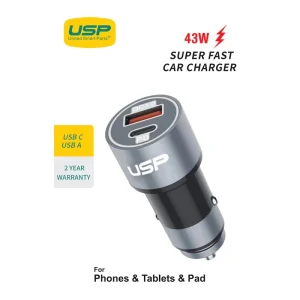 USP 43W Dual Port Car Charger (USB-C PD 25W + USB-A QC 3.0) – Silver, Smart Protection