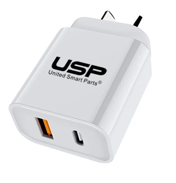 USP 20W Dual Port Fast Wall Charger - White, 1xUSB-C(20W PD), 1xUSB-A(18W QC 3.0)
