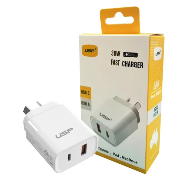 USP 30W Dual Port Fast Wall Charger – White, 1xUSB-C(30W PD), 1xUSB-A(18W QC 3.0) USP 30W Dual Port Fast Wall Charger - White, 1xUSB-C(30W PD), 1xUSB-A(18W QC 3.0)