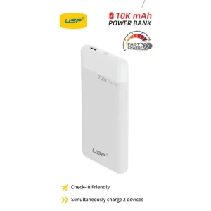 USP 10K mAh Power Bank White - 20W Fast Charge, 1x USB-C, 1x USB-A