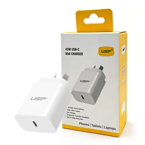 USP 45W GaN Single USB-C PD Wall Charger - White, Compact Design, Smart and Reliable