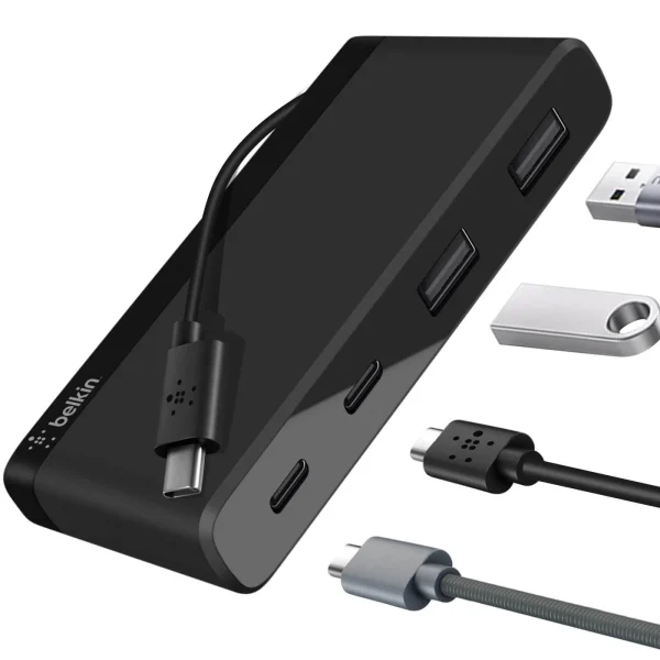 Belkin USB-C 4-Port Mini Hub (USB Type-C) – Black(F4U090btBLK), 5Gbps, 2x USB-C, 2x USB-A Belkin USB-C 4-Port Mini Hub (USB Type-C) - Black(F4U090btBLK), 5Gbps, 2x USB-C, 2x USB-A