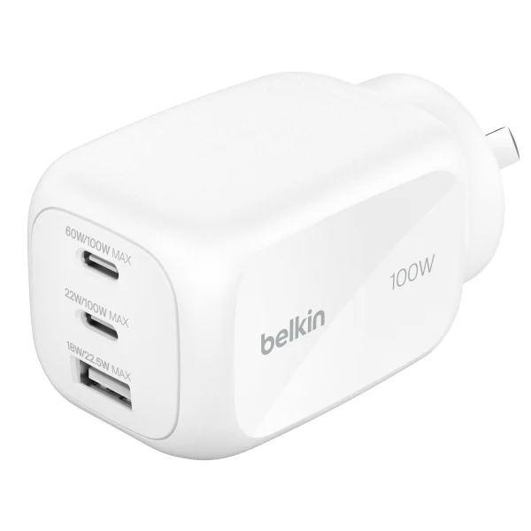 Belkin BoostCharge Pro 100W 3-Port GaN Wall Charger - White (WCH016AUWH), 2x USB-C, 1x USB-A