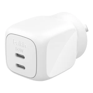 Belkin BoostCharge Pro 50W Dual USB-C GaN Wall Charger – White (WCH019AUWH), Compact Laptop Belkin BoostCharge Pro 50W Dual USB-C GaN Wall Charger - White (WCH019AUWH)