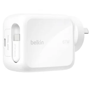 Belkin UltraCharge Retractable Dual 67W USB-C GaN Wall Charger – White(WCH022auWH),1xUSB-C,1x Belkin UltraCharge Retractable Dual 67W USB-C GaN Wall Charger
