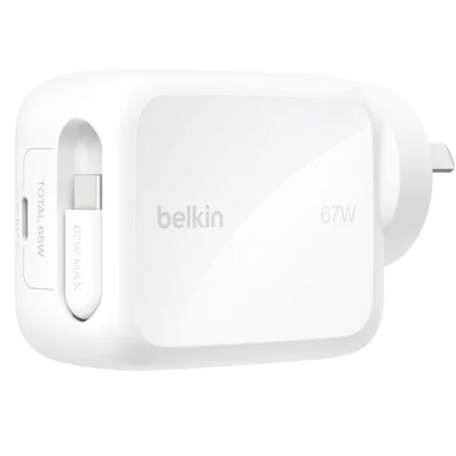 Belkin UltraCharge Retractable Dual 67W USB-C GaN Wall Charger