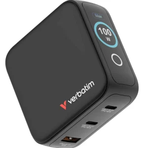 Verbatim Mini GaN Charger 100W with Display Compact 3-port wall charger with USB-C® Power Verbatim Mini GaN Charger 100W with Display Compact 3-port wall charger