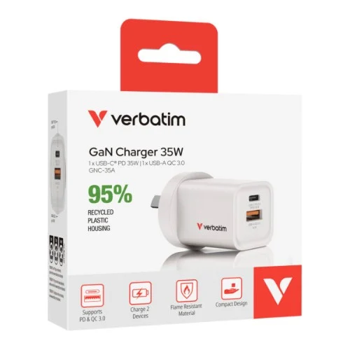 Verbatim 2 Port 35 Watt Portable GaN charger, 1 x USB-C PD 35w, 1x USB-A QC 3.0, Compact Verbatim 2 Port 35 Watt Portable GaN charger, 1 x USB-C PD 35w, 1x USB-A QC 3.0