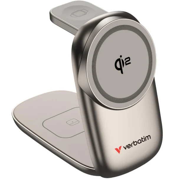 Verbatim 3 in 1 Wireless Docking Qi2 Certified, Magnetic Wireless Charging. 2.5W/5W/15W Verbatim 3 in 1 Wireless Docking Qi2 Certified, Magnetic Wireless Charging. 2.5W/5W/15W