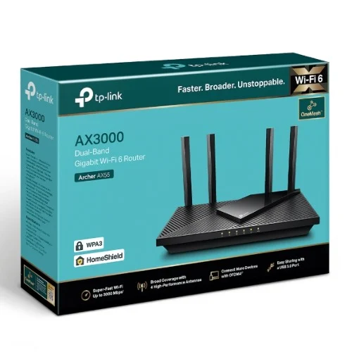 TP-Link Archer AX55 AX3000 Dual Band Gigabit Wi-Fi 6 Router, 2402 Mbps 5GHz, OFDMA, OneMesh TP-Link Archer AX55 AX3000 Dual Band Gigabit Wi-Fi 6 Router, 2402 Mbps 5GHz, OFDMA, OneMesh