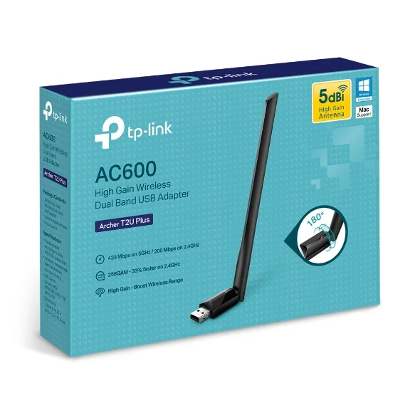 TP-Link Archer T2U Plus AC600 High Gain Wi-Fi Dual Band USB Adapter,433Mbps at 5GHz + 200Mbps