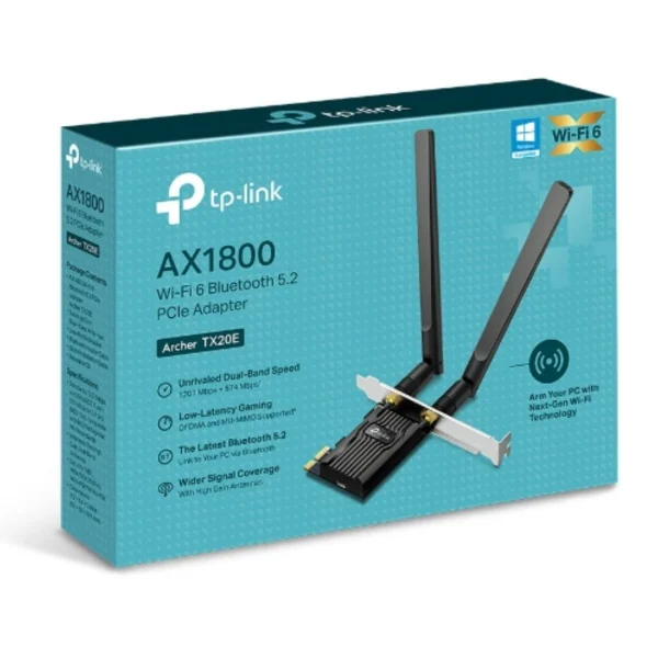 TP-Link Archer TX20E AX1800 Wi-Fi 6 Bluetooth 5.2 PCIe Adapter, 1201Mbps@5GHz, 574Mbps@2.4GHz TP-Link Archer TX20E AX1800 Wi-Fi 6 Bluetooth 5.2 PCIe Adapter, 1201Mbps@5GHz, 574Mbps@2.4GHz