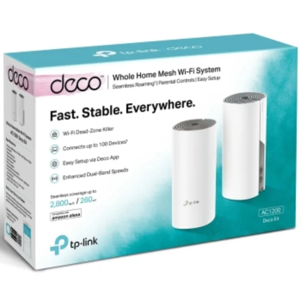 TP-Link Deco E4(2-pack) AC1200 Whole Home Mesh Wi-Fi (2-Pack), Dual-Band, Up to 1167 Mbps TP-Link Deco E4(2-pack) AC1200 Whole Home Mesh Wi-Fi (2-Pack), Dual-Band, Up to 1167 Mbps