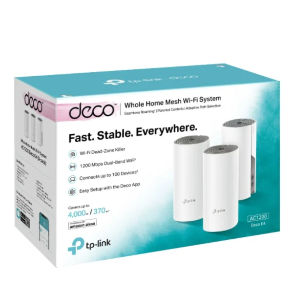 TP-Link Deco E4(3-pack) AC1200 Whole Home Mesh Wi-Fi (3-Pack), Dual-Band, Up to 1167 Mbps TP-Link Deco E4(3-pack) AC1200 Whole Home Mesh Wi-Fi (3-Pack), Dual-Band, Up to 1167 Mbps