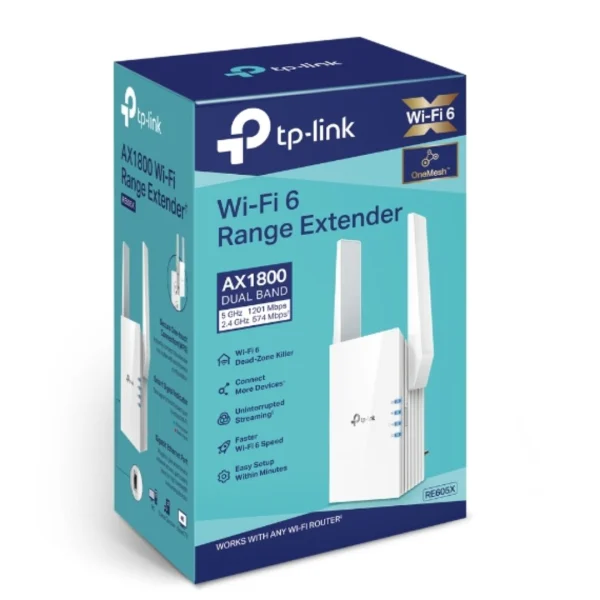 TP-Link RE605X AX1800 Wi-Fi Range Extender 574Mbps@2.4GHz 1201Mbps@5GHz 1x1GBps WPS 2xAntenna TP-Link RE605X AX1800 Wi-Fi Range Extender 574Mbps@2.4GHz 1201Mbps@5GHz 1x1GBps WPS 2xAntenna