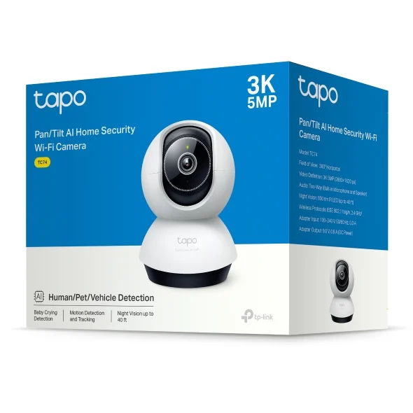 TP-Link TC74 Pan/Tilt AI Home Security Wi-Fi Camera , 3K 5MP (2880×1620), 2.4 GHz TP-Link TC74 Pan/Tilt AI Home Security Wi-Fi Camera , 3K 5MP (2880×1620), 2.4 GHz