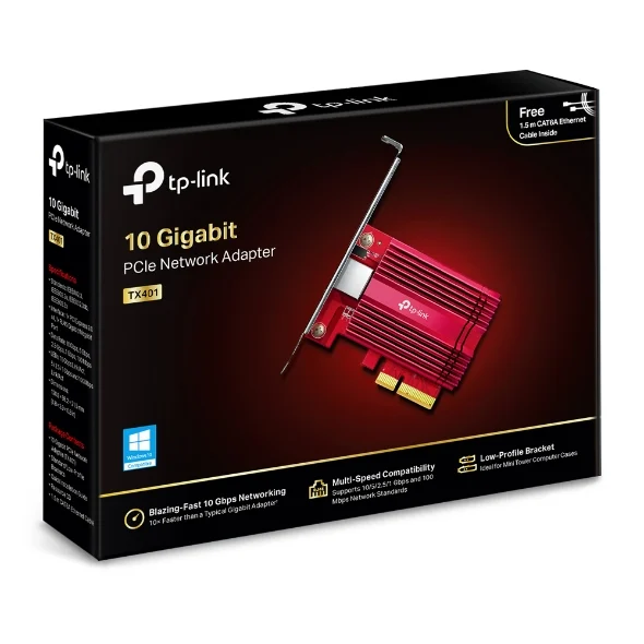 TP-Link TX401 10G 10 Gigabit PCI Express Network Adapter Low-Profile & Full-Height Brackets 1× TP-Link TX401 10G 10 Gigabit PCI Express Network Adapter Low-Profile & Full-Height Brackets 1×