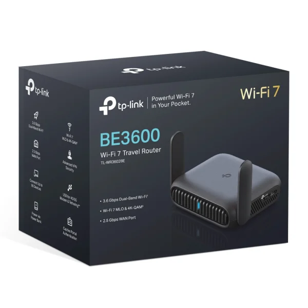 TP-Link TL-WR3602BE BE3600 Dual-Band Wi-Fi 7 Portable Travel Router 688 Mbps at 2.4 GHz at +