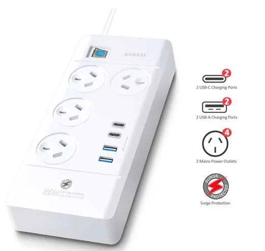 Astrotek PAD-4144C Sansai 4 Way Powerboard 4 Outlet 2×USB-A 2×USB-C Charging Ports Ports 10A Astrotek PAD-4144C Sansai 4 Way Powerboard 4 Outlet 2×USB-A 2×USB-C Charging Ports Ports 10A
