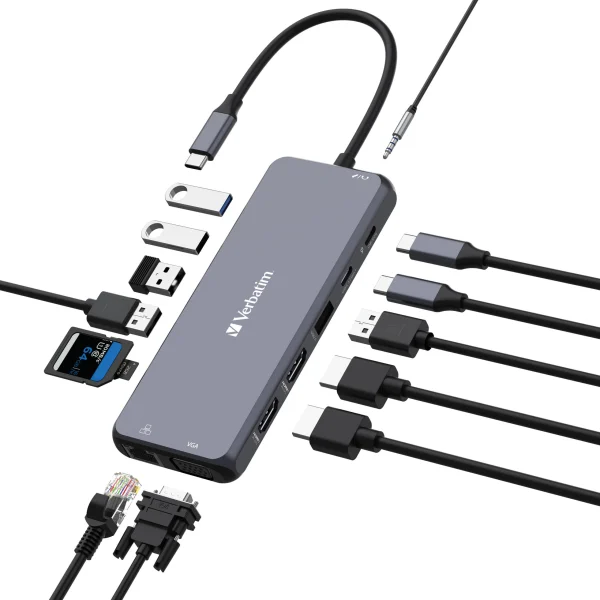 Verbatim USB-C Pro Multiport Hub 14 Ports, 2x HDMI 4K + VGA, RJ45 1GbE, USB-C PD 100W in/85W Verbatim USB-C Pro Multiport Hub 14 Ports, 2x HDMI 4K + VGA, RJ45 1GbE